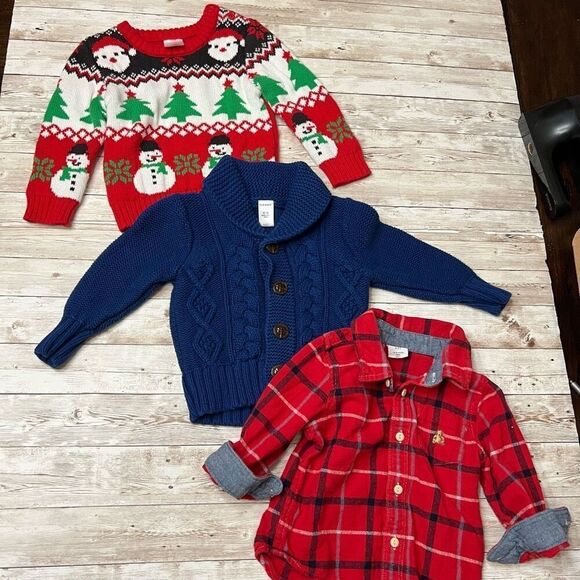 12-18 Months Boys Holiday Bundle Sweaters Flannel Shirt Christmas EUC Red Blue - Picture 1 of 16